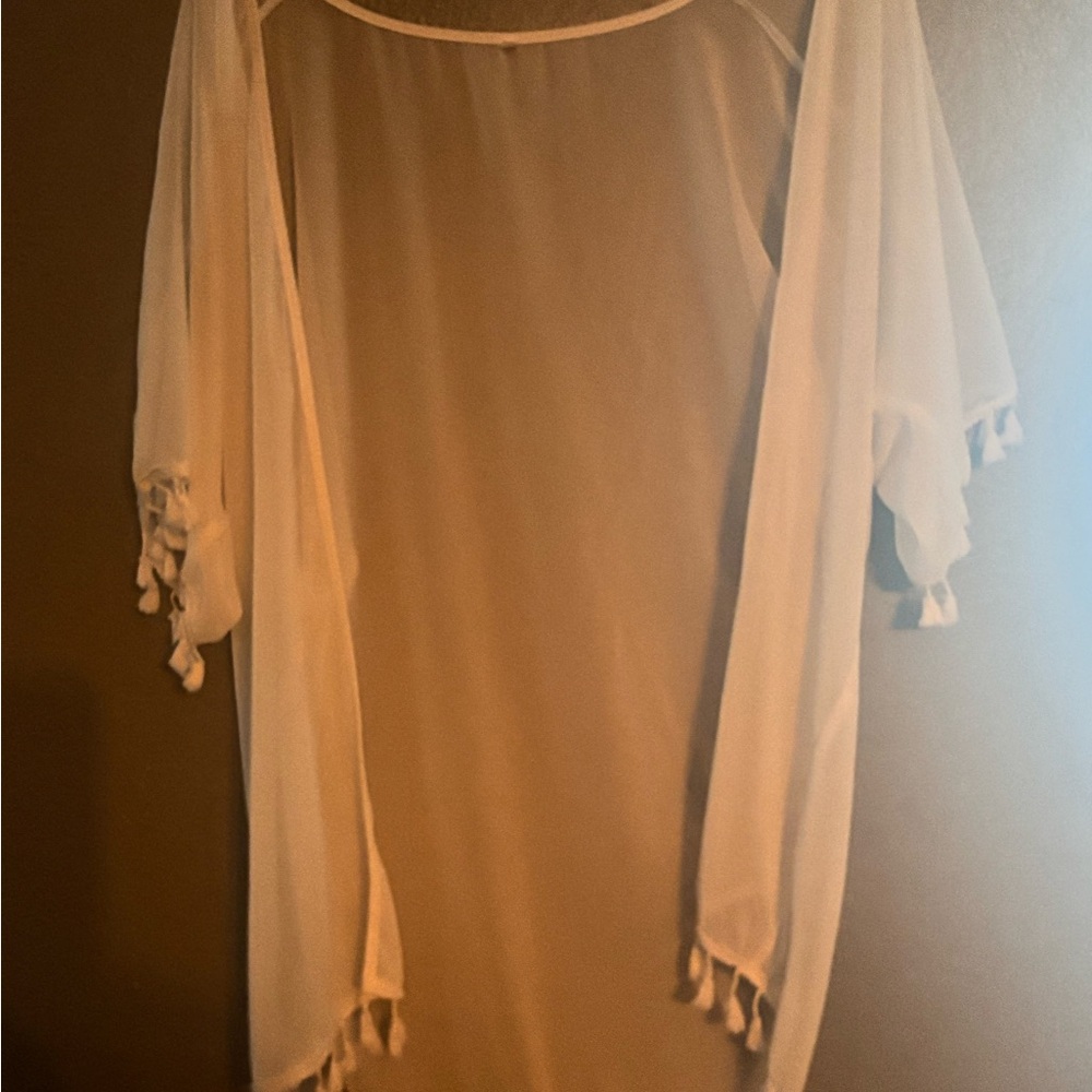 Summer Wrap Elegant Sheer White Kimono with Tassels